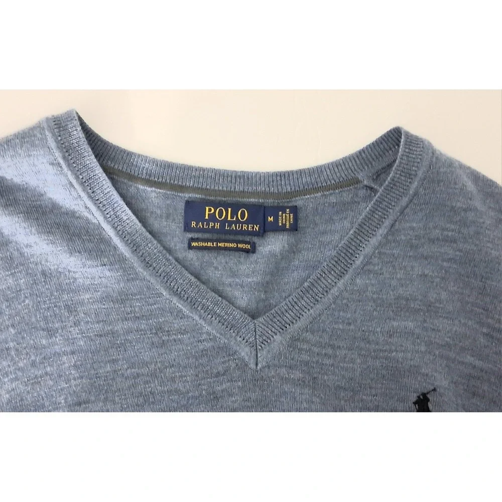 Polo Ralph Lauren Sweater Men's Medium Blue Washable Merino Wool V-Neck Preowned